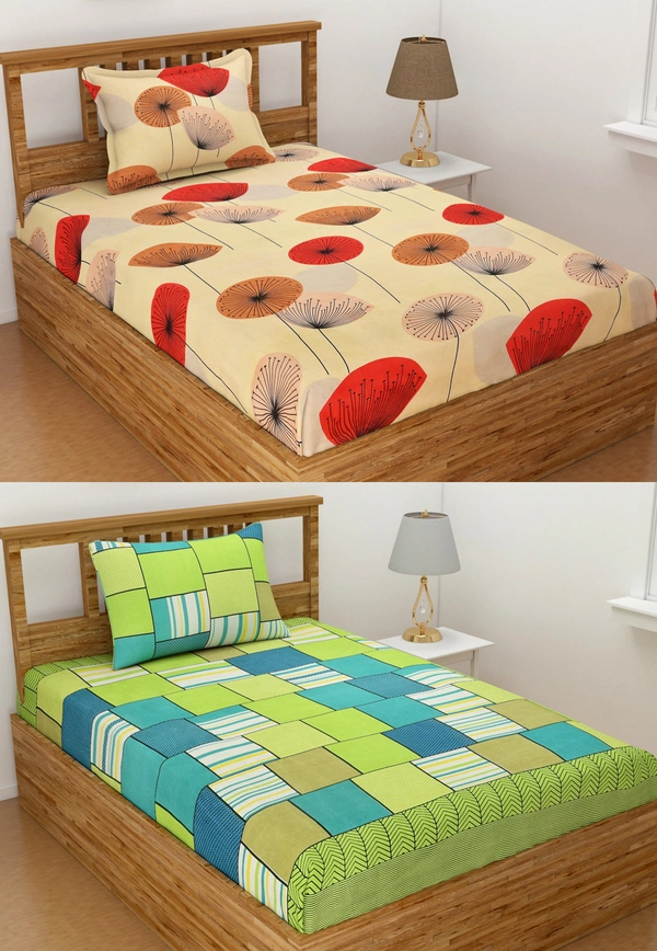Panipat Textile Hub 140 TC Microfiber Combo Single Floral Flat Bedsheet ( 2 Single Bedsheet with 2 pillow cover) - Single Bedsheet