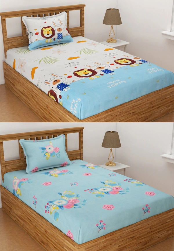 Panipat Textile Hub 140 TC Microfiber Combo Single Floral Flat Bedsheet ( 2 Single Bedsheet with 2 pillow cover) - Single Bedsheet