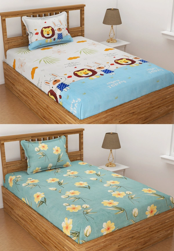 Panipat Textile Hub 140 TC Microfiber Combo Single Floral Flat Bedsheet ( 2 Single Bedsheet with 2 pillow cover) - Single Bedsheet