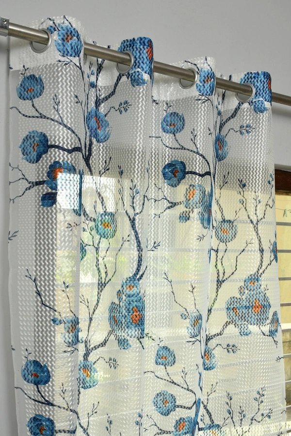Panipat Textile Hub  Net Semi Transparent Floral Curtain (Floral Design, Blue) Pack of 2 - Long Door (4x9 Feet)
