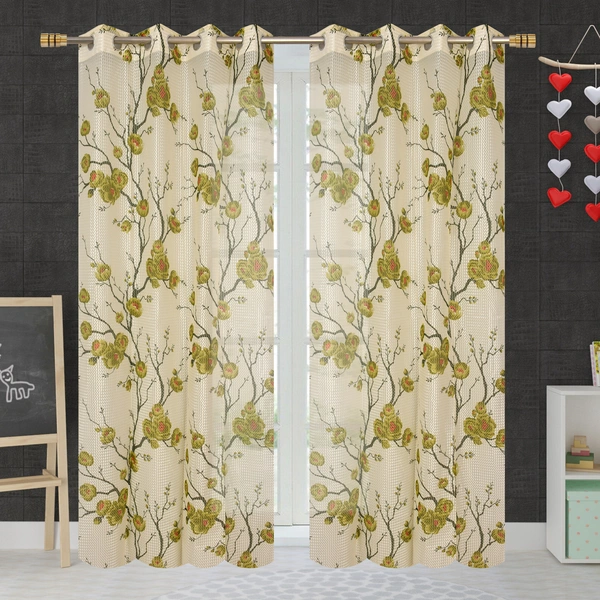 Panipat Textile Hub  Net Semi Transparent Floral Curtains (Floral Design, Green) Pack of 2 - Long Door (4x9 Feet)