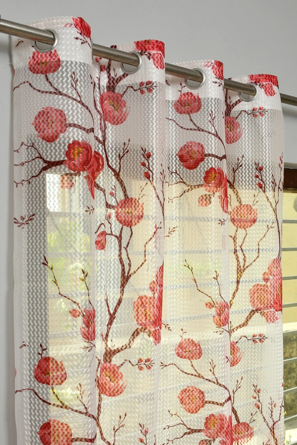 Panipat Textile Hub  Net Semi Transparent Floral Curtains (Floral Design, Maroon) Pack of 2 - Long Door (4x9 Feet)