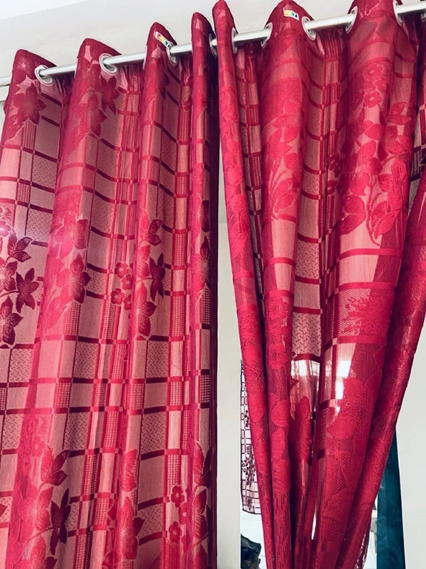 Panipat Textile Hub  Net Semi Transparent Floral Curtains (Floral Design, Red) Pack of 2 - Long Door (4x9 Feet)