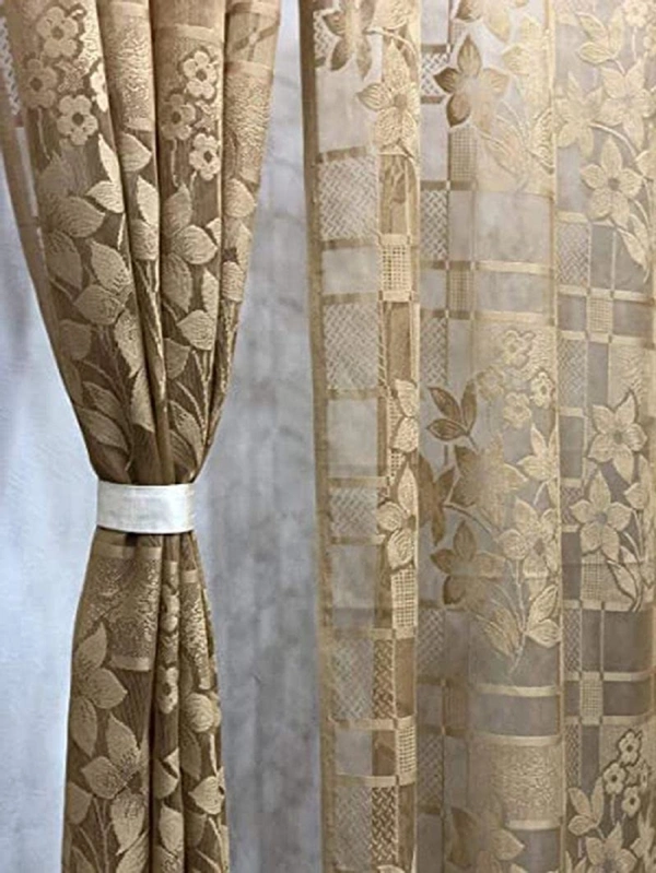 Panipat Textile Hub  Net Semi Transparent Floral Curtains (Floral Design, Gold) Pack of 2 - Long Door (4x9 Feet)
