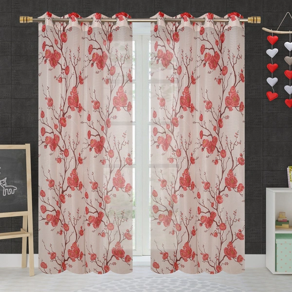 Panipat Textile Hub  Net Semi Transparent Floral Curtains (Floral Design, Maroon) Pack of 2 - Long Door (4x9 Feet)