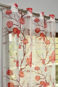 Panipat Textile Hub  Net Semi Transparent Floral Curtains (Floral Design, Maroon) Pack of 2 - Long Door (4x9 Feet)