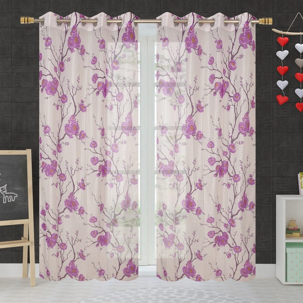 Panipat Textile Hub  Net Semi Transparent Floral Curtains (Floral Design, Purple) Pack of 2 - Door (4x7 Feet)