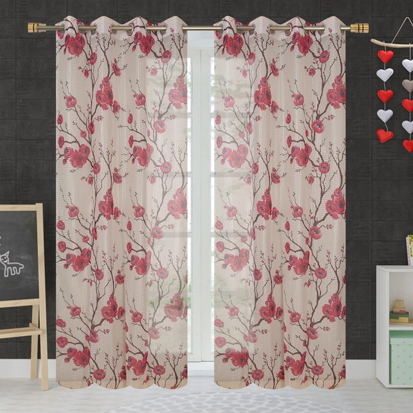 Panipat Textile Hub  Net Semi Transparent Floral Curtains (Floral Design, Pink) Pack of 2 - Long Door (4x9 Feet)
