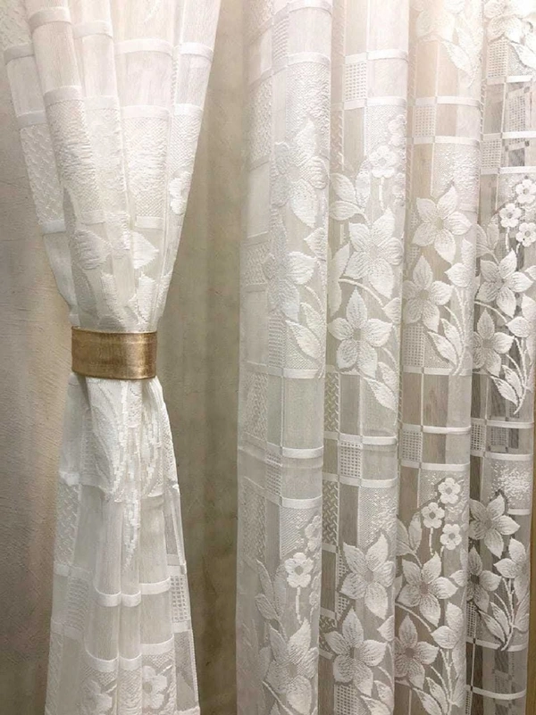 Panipat Textile Hub  Net Semi Transparent Floral Curtains (Floral Design, Cream) Pack of 2 - Long Door (4x9 Feet)