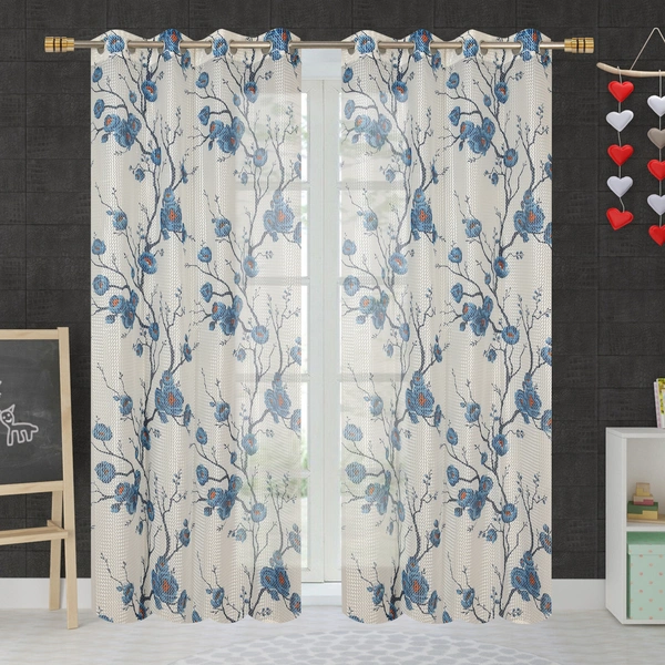 Panipat Textile Hub  Net Semi Transparent Floral Curtain (Floral Design, Blue) Pack of 2 - Long Door (4x9 Feet)