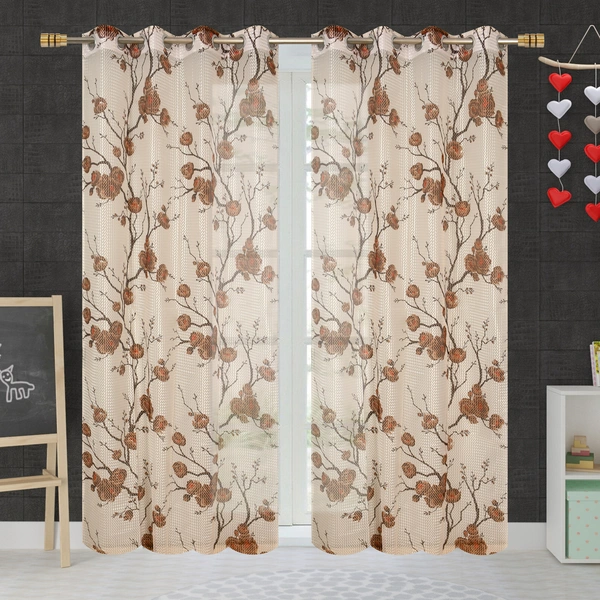 Panipat Textile Hub  Net Semi Transparent Floral Curtains (Floral Design, Brown) Pack of 2 - Long Door (4x9 Feet)
