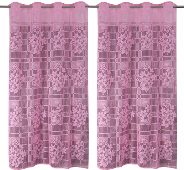 Panipat Textile Hub  Net Semi Transparent Floral Curtains (Floral Design, Pink) Pack of 2 - Long Door (4x9 Feet)