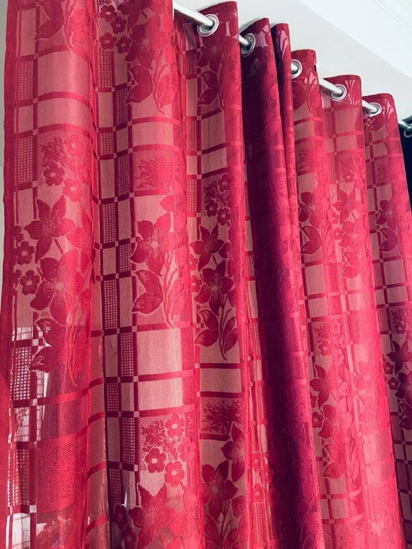 Panipat Textile Hub  Net Semi Transparent Floral Curtains (Floral Design, Red) Pack of 2 - Door (4 x 7 Feet)