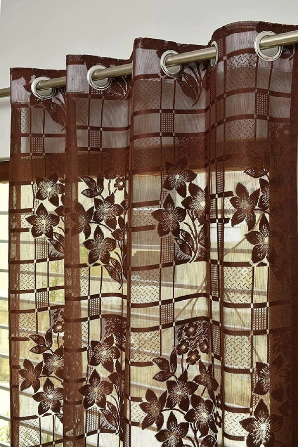 Panipat Textile Hub Net Semi Transparent Floral Curtains (Floral Design, Brown) Pack of 2 - Door (4x7 Feet)