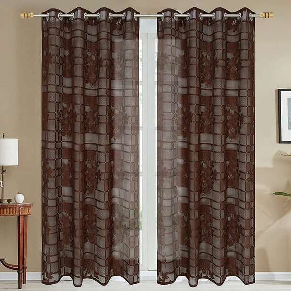 Panipat Textile Hub Net Semi Transparent Floral Curtains (Floral Design, Brown) Pack of 2 - Door (4x7 Feet)