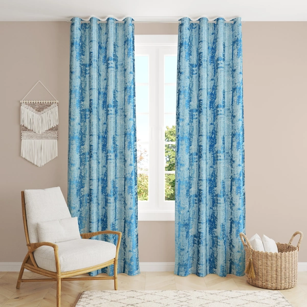 Panipat Textile Hub Polyester Eyelet Aqua Designer Print curtains Pack of 2 - Long Door (4x9 Feet)