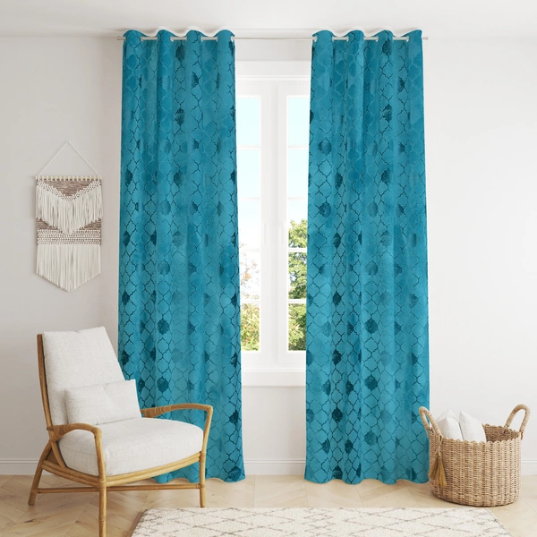 Panipat Textile Hub Polyester Eyelet Aqua Designer Print Velvet Blackout curtains Pack of 2 - Long Door (4x9 Feet)