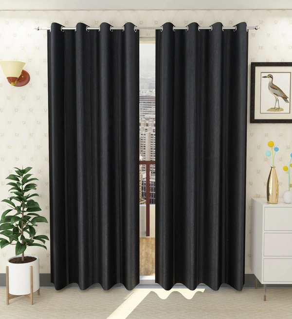 Panipat Textile Hub Polyester Eyelet Black Solid Plain curtains Pack of 2 - Window (4x5 Feet)