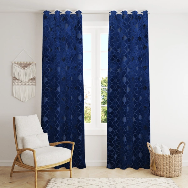Panipat Textile Hub Polyester Eyelet Blue Designer Print Velvet Blackout curtains Pack of 2 - Long Door (4x9 Feet)