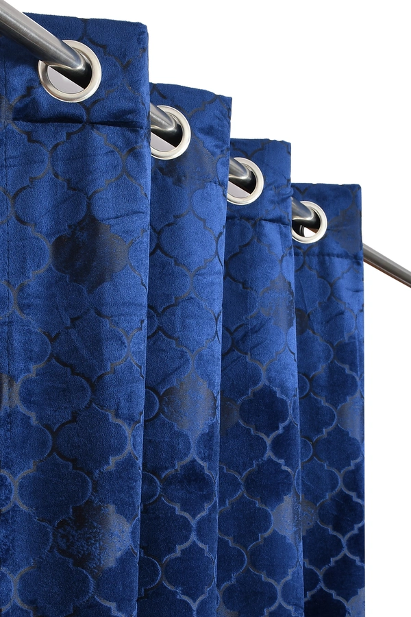 Panipat Textile Hub Polyester Eyelet Blue Designer Print Velvet Blackout curtains Pack of 2 - Door (4x7 Feet)