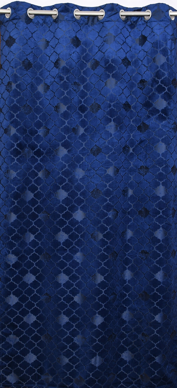 Panipat Textile Hub Polyester Eyelet Blue Designer Print Velvet Blackout curtains Pack of 2 - Door (4x7 Feet)