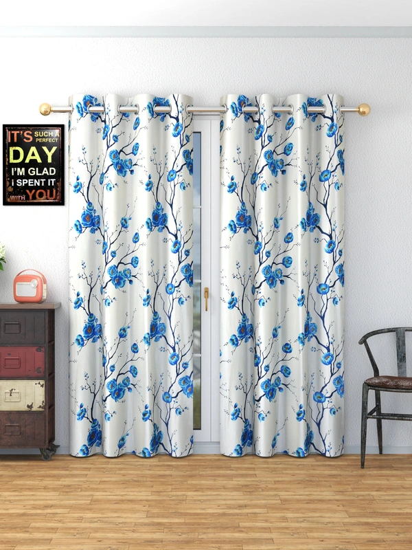 Panipat Textile Hub Polyester Eyelet Blue Designer Print curtains Pack of 2 - Long Door (4x9 Feet)