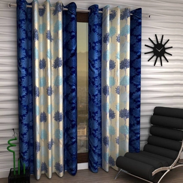 Panipat Textile Hub Polyester Eyelet Blue Printed Design curtains Pack of 2 - Window (4x5 Feet)