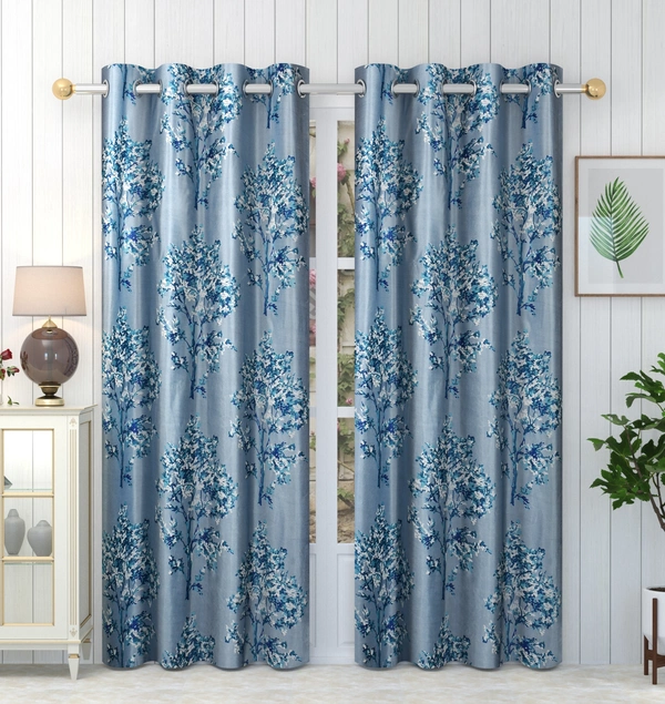 Panipat Textile Hub polyester Eyelet Blue Printed Design curtains Pack of 2 - Window (4x5 Feet)