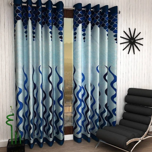 Panipat Textile Hub polyester Eyelet Blue Printed Design curtains Pack of 2 - Long Door (4x9 Feet)
