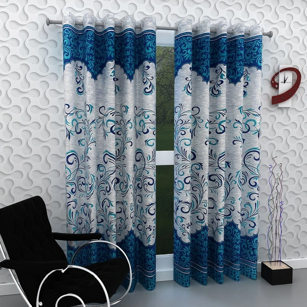 Panipat Textile Hub polyester Eyelet Blue Printed curtains Pack of 2 - Long Door (4x9 Feet)
