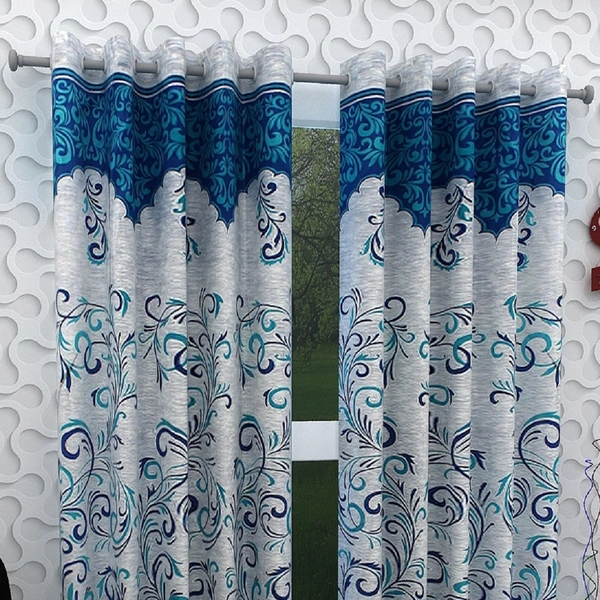 Panipat Textile Hub polyester Eyelet Blue Printed curtains Pack of 2 - Long Door (4x9 Feet)