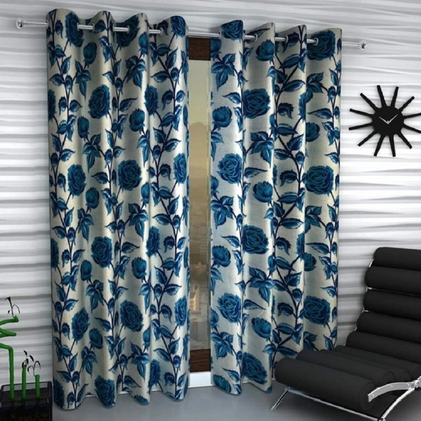 Panipat Textile Hub Polyester Eyelet Blue Rose Printed Design curtains Pack of 2 - Long Door (4x9 Feet)