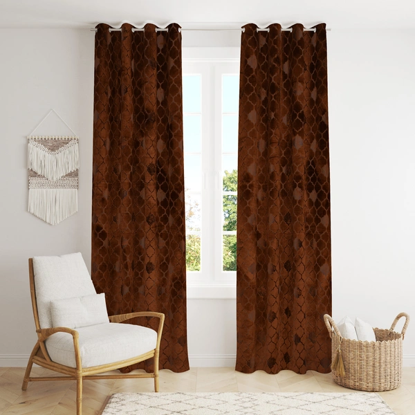 Panipat Textile Hub Polyester Eyelet Brown Designer Print Velvet Blackout curtains Pack of 2 - Long Door (4x9 Feet)