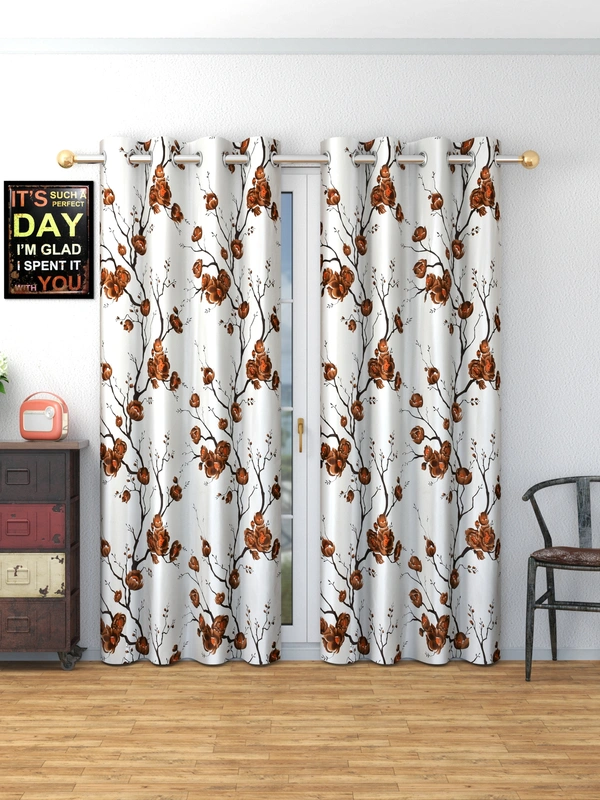 Panipat Textile Hub Polyester Eyelet Brown Designer Print curtains Pack of 2 - Window (4x5 Feet)