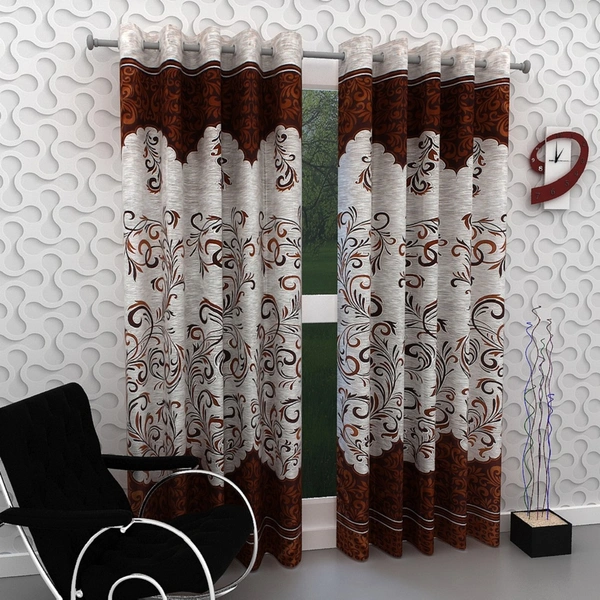 Panipat Textile Hub polyester Eyelet Brown Printed Design curtains Pack of 2 - Door (4x7 Feet)