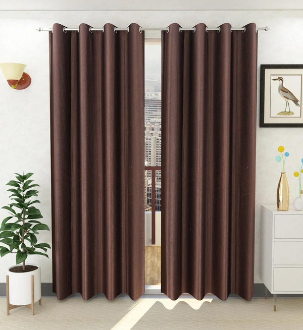 Panipat Textile Hub Polyester Eyelet Brown Solid Plain curtains Pack of 2 - Window (4x5 Feet)