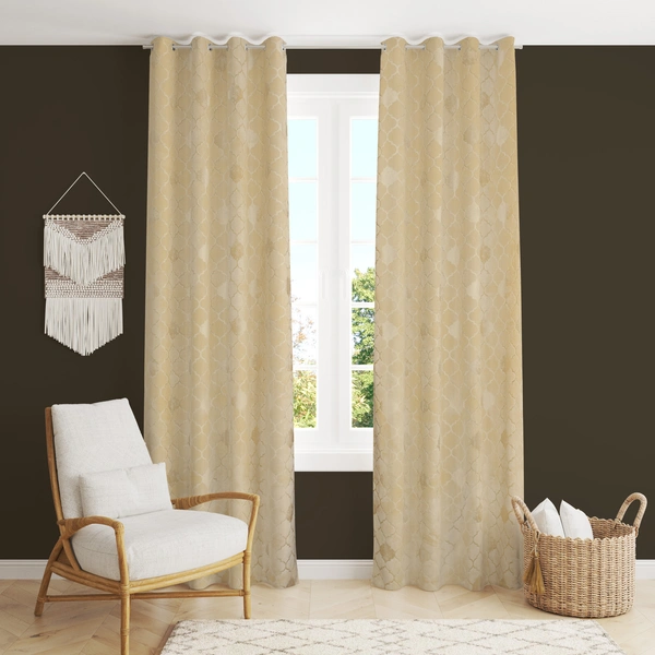 Panipat Textile Hub Polyester Eyelet Cream Designer Print Velvet Blackout curtains Pack of 2 - Door (4x7 Feet)