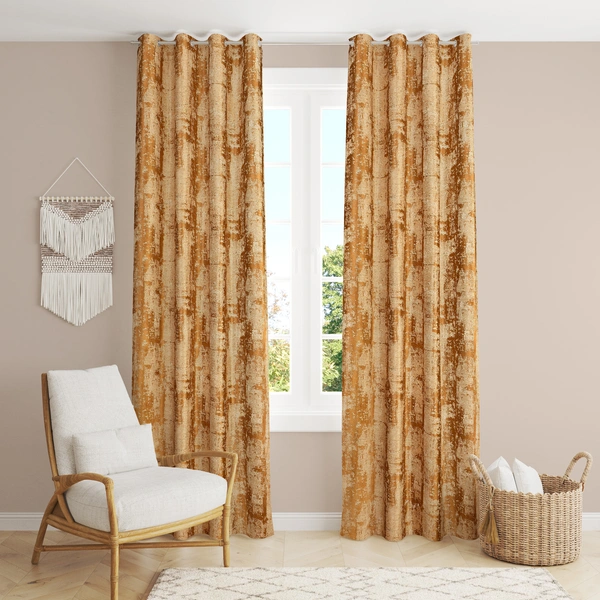 Panipat Textile Hub Polyester Eyelet Gold Designer Print curtains Pack of 2 - Window (4x5 Feet)