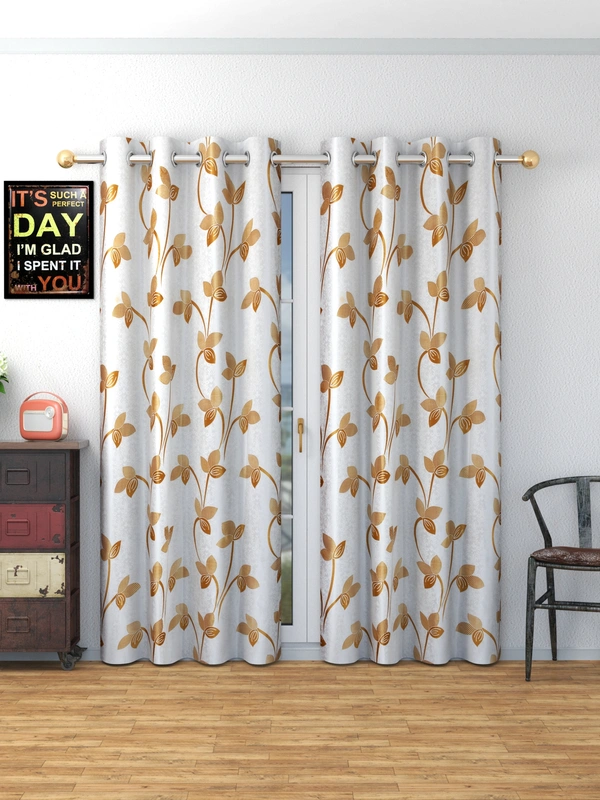 Panipat Textile Hub Polyester Eyelet Gold Designer Print curtains Pack of 2 - Window (4x5 Feet)