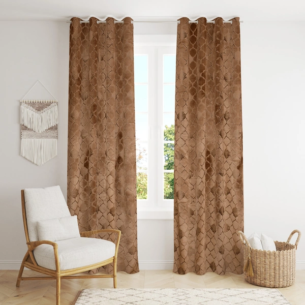Panipat Textile Hub Polyester Eyelet Gold Designer Print Velvet Blackout curtains Pack of 2 - Long Door (4x9 Feet)