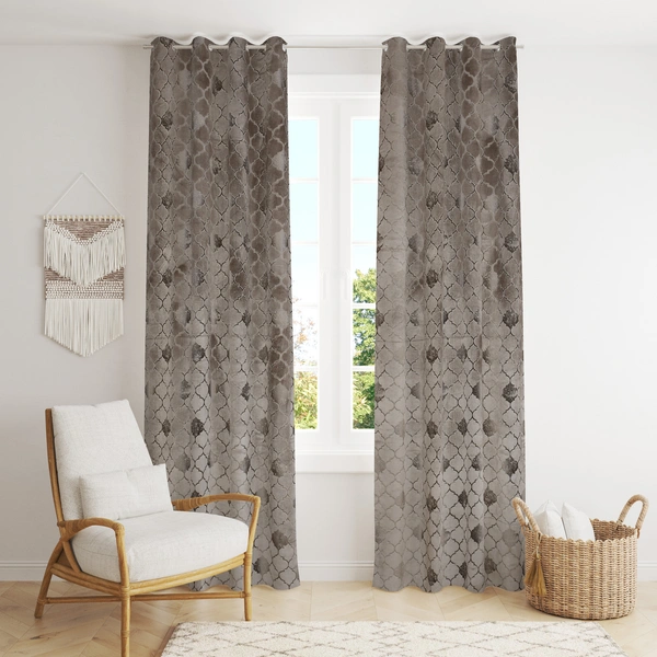 Panipat Textile Hub Polyester Eyelet Gray Designer Print Velvet Blackout curtains Pack of 2 - Door (4x7 Feet)