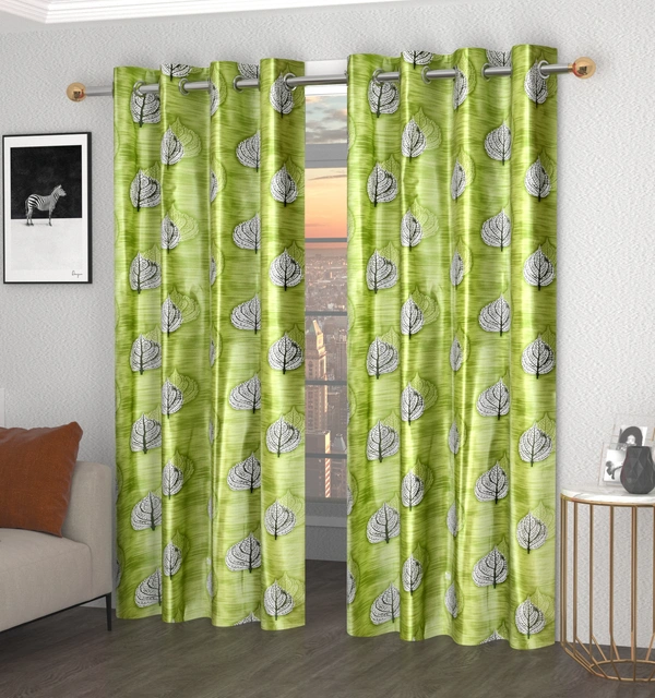 Panipat Textile Hub Polyester Eyelet Green Designer Print curtains Pack of 2 - Long Door (4x9 Feet)