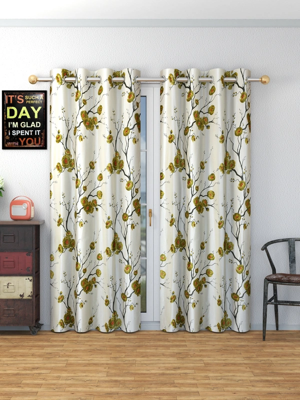 Panipat Textile Hub Polyester Eyelet Green Designer Print curtains Pack of 2 - Window (4x5 Feet)