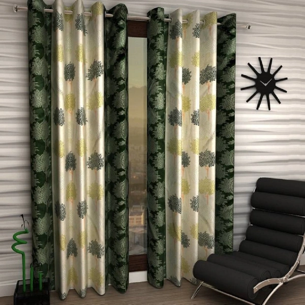 Panipat Textile Hub Polyester Eyelet Green Printed Design curtains Pack of 2 - Window (4x5 Feet)