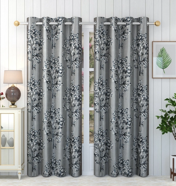 Panipat Textile Hub Polyester Eyelet Grey Printed Design curtains Pack of 2 - Window (4x5 Feet)