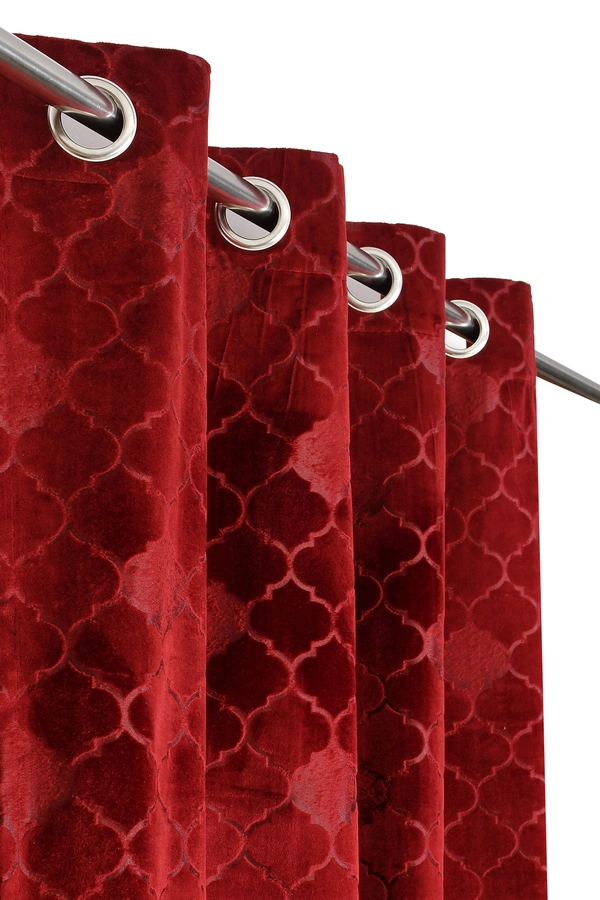 Panipat Textile Hub Polyester Eyelet Maroon Designer Print Velvet Blackout curtains Pack of 2 - Long Door (4x9 Feet)