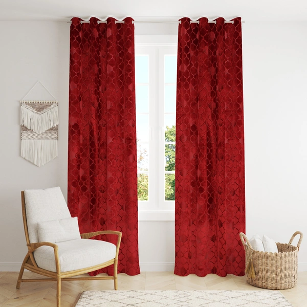 Panipat Textile Hub Polyester Eyelet Maroon Designer Print Velvet Blackout curtains Pack of 2 - Long Door (4x9 Feet)