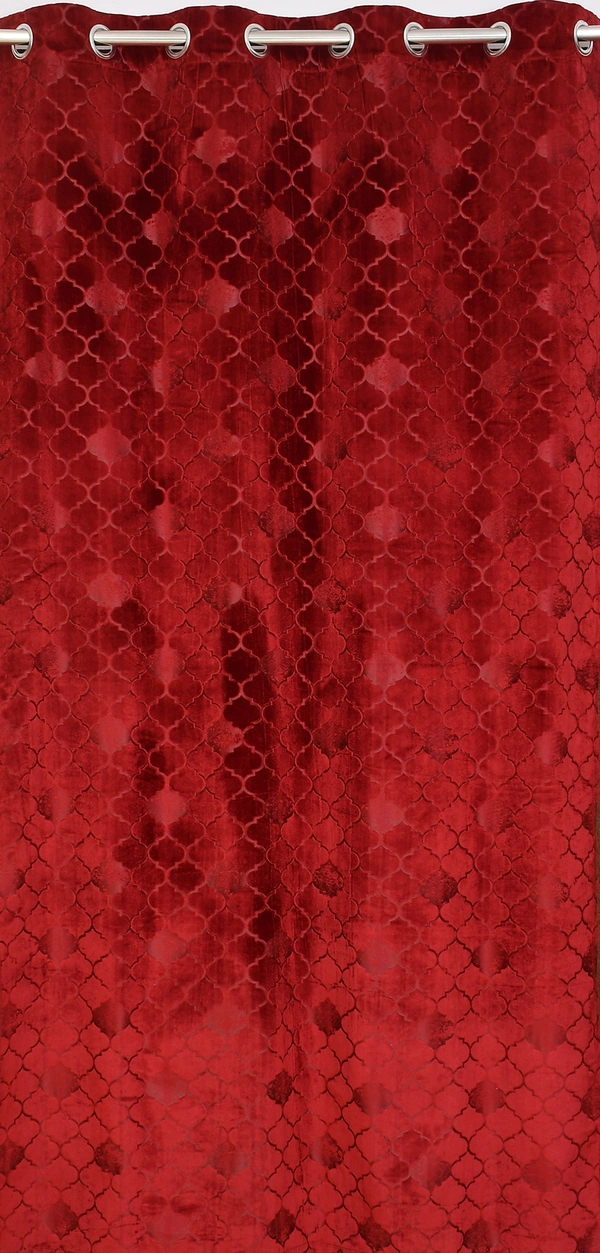 Panipat Textile Hub Polyester Eyelet Maroon Designer Print Velvet Blackout curtains Pack of 2 - Long Door (4x9 Feet)