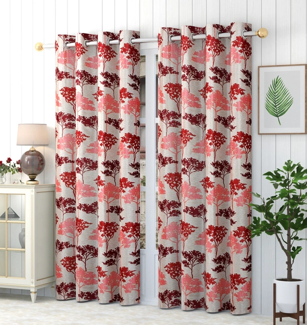 Panipat Textile Hub Polyester Eyelet Maroon Printed Design curtains Pack of 2 - Door (4x7 Feet)