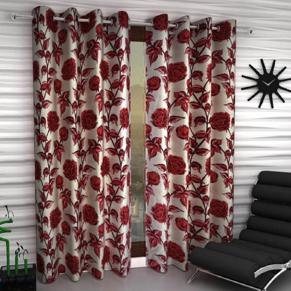 Panipat Textile Hub Polyester Eyelet Maroon Rose Printed Design curtains Pack of 2 - Window (4x5 Feet)